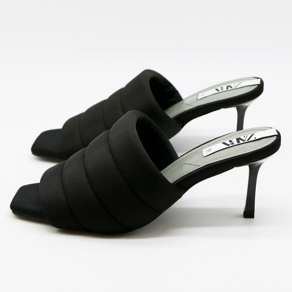 Zara Padded Quilted Slip On Slide Heel Mules Sandals 36 Black Square Toe Comfy - Picture 1 of 16